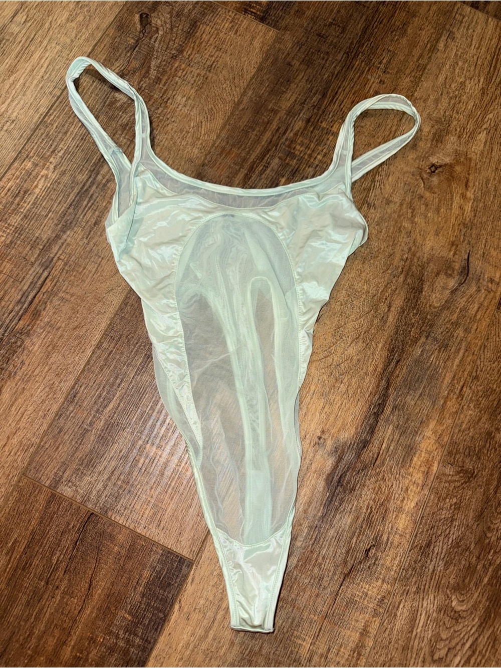 Mint Green High Leg Thong Bodysuit Mesh Satin Size S snap crotch